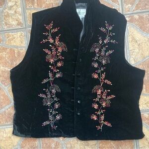 Vintage 90s Coldwater Creek Floral Embroidered Black Velvet Vest